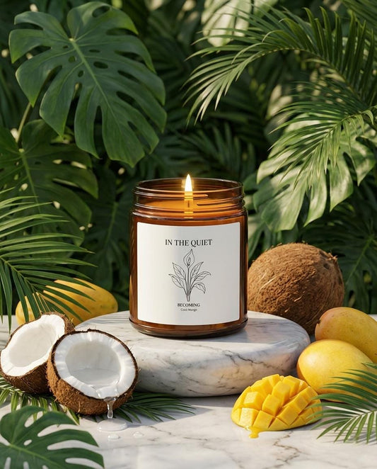 Becoming | Coconut Mango Candle | 9oz Coconut Apricot Wax | Amber Jar | In The Quiet Collection